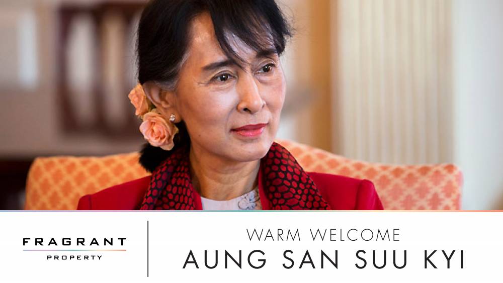 翁山苏姬（Aung San Suu Kyi）与缅甸最高领导人参观了Fragrant Property大众有限公司建造位于曼谷的新缅甸大使馆的进展